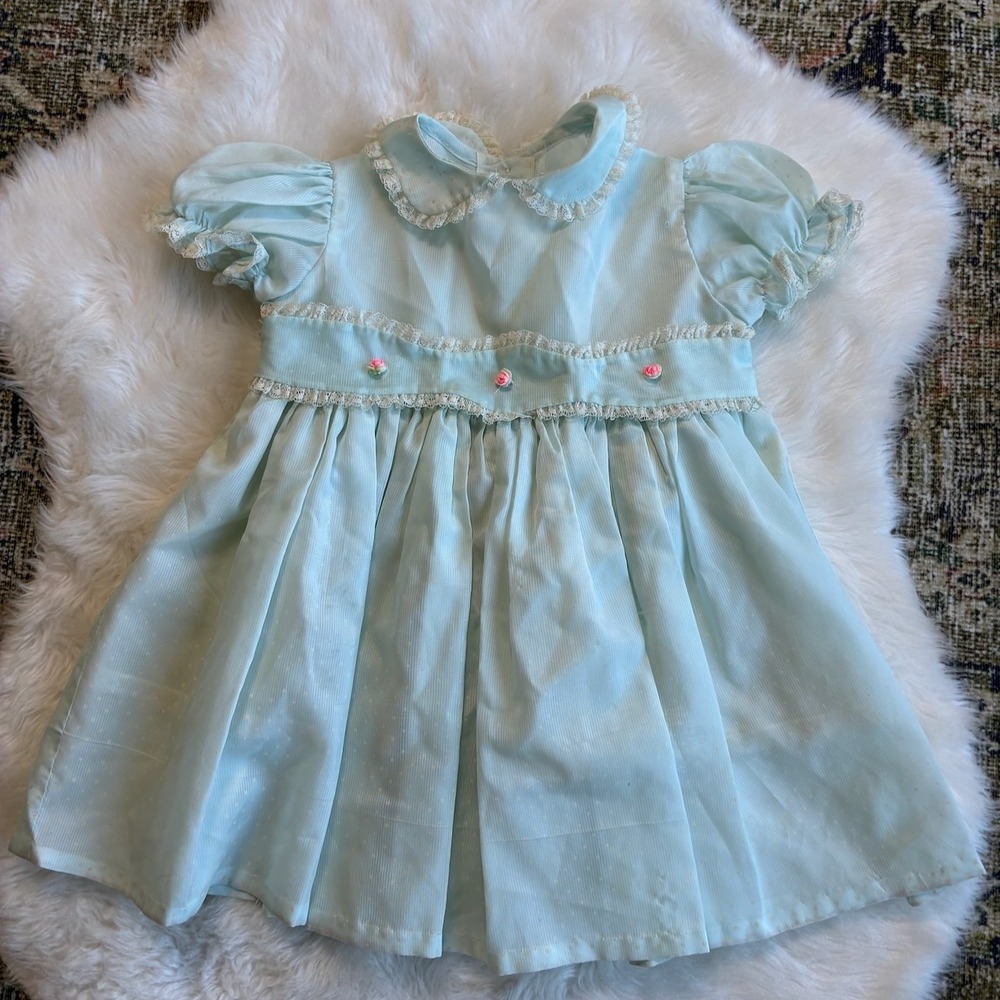 Handmade Vintage Baby Girl Blue Polka Dot Lace Dress 12-18 Months Rosette